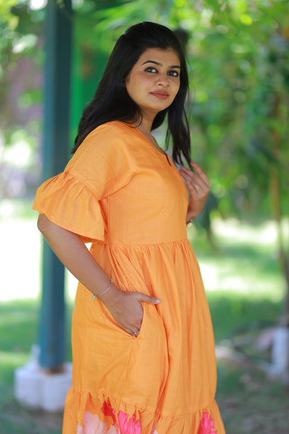 Orange With Flower Design Double Layer  Without Zip  Frock