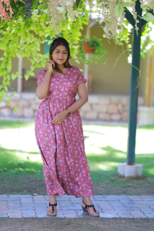 Pink with Brown Leaves Floral Alphine design Center zip Frock