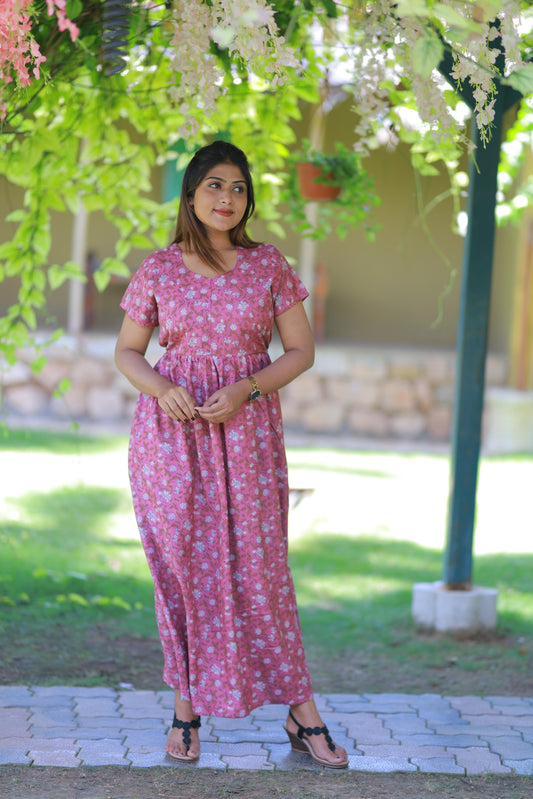 Pink with Brown Leaves Floral Alphine design Center zip Frock