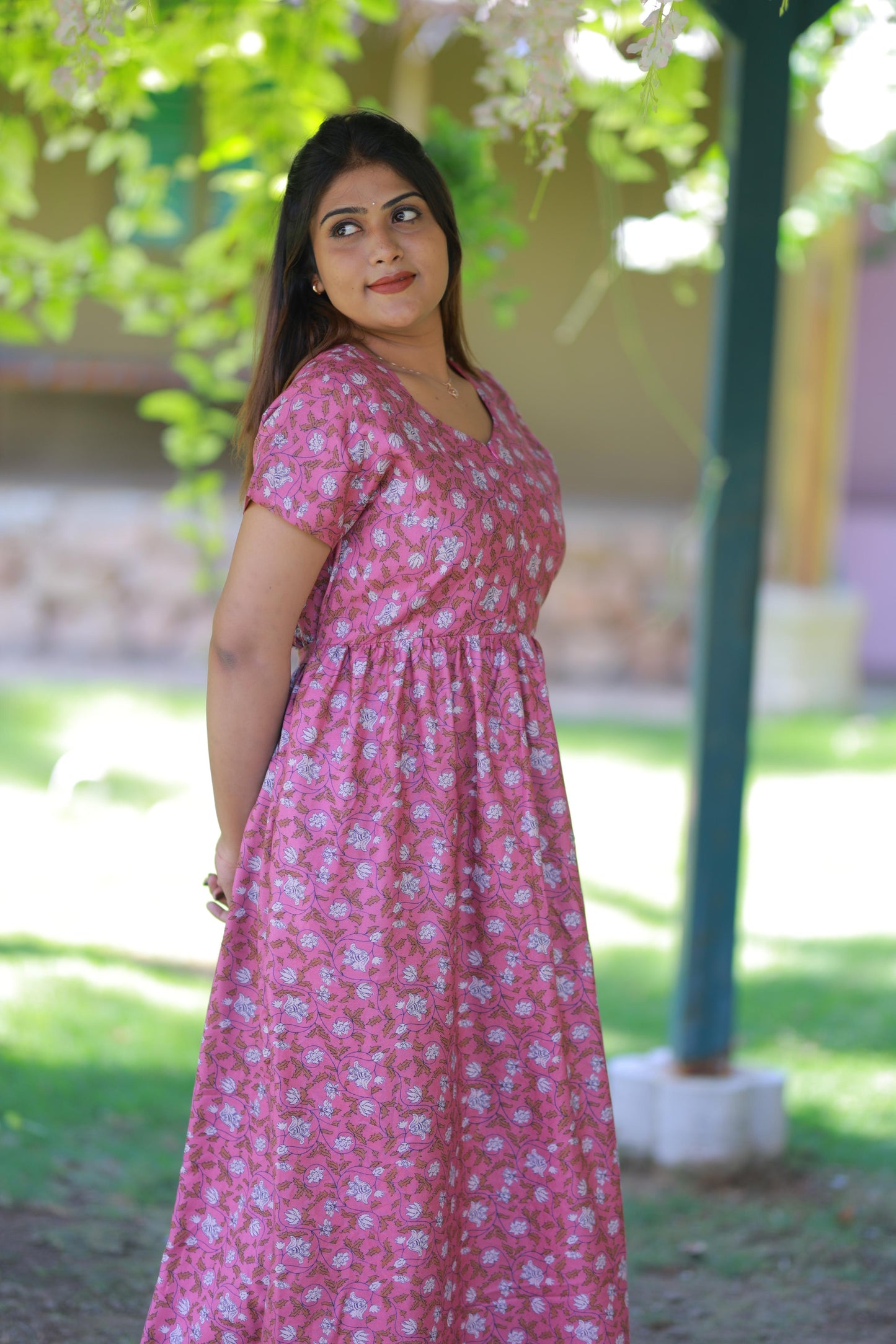 Pink with Brown Leaves Floral Alphine design Center zip Frock