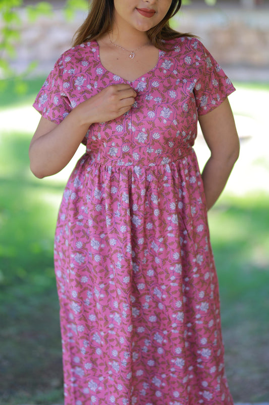 Pink with Brown Leaves Floral Alphine design Center zip Frock