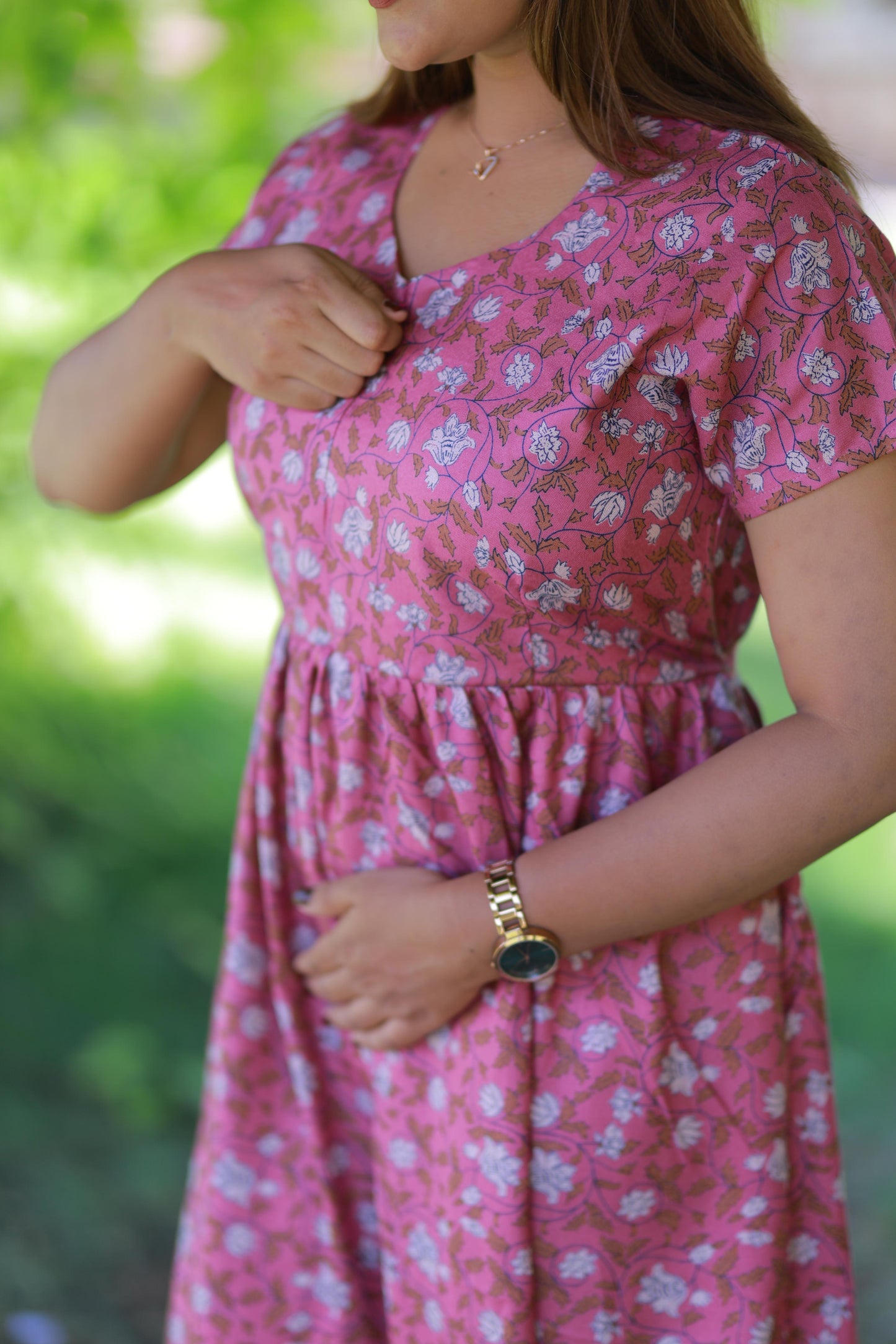 Pink with Brown Leaves Floral Alphine design Center zip Frock