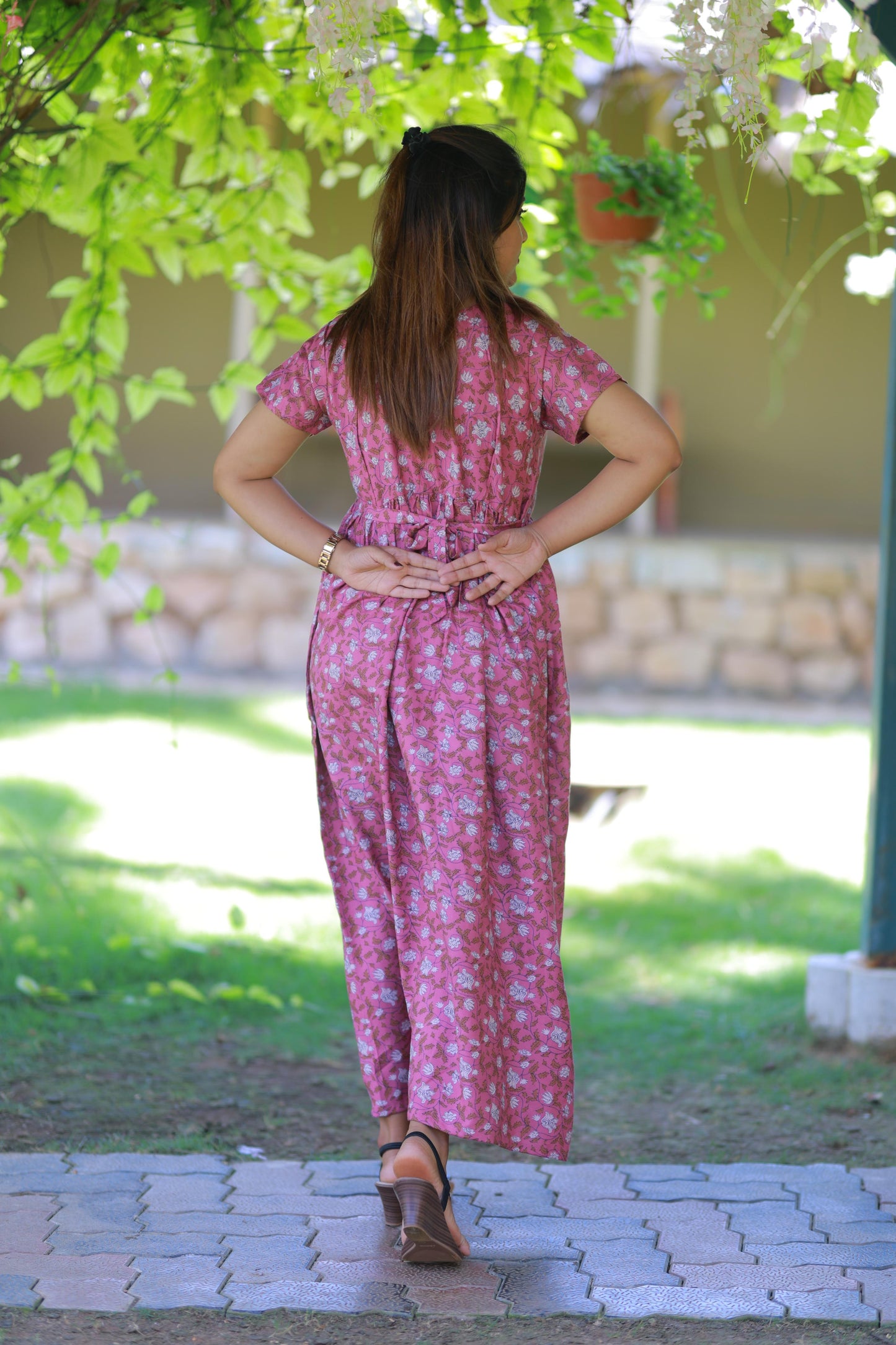 Pink with Brown Leaves Floral Alphine design Center zip Frock