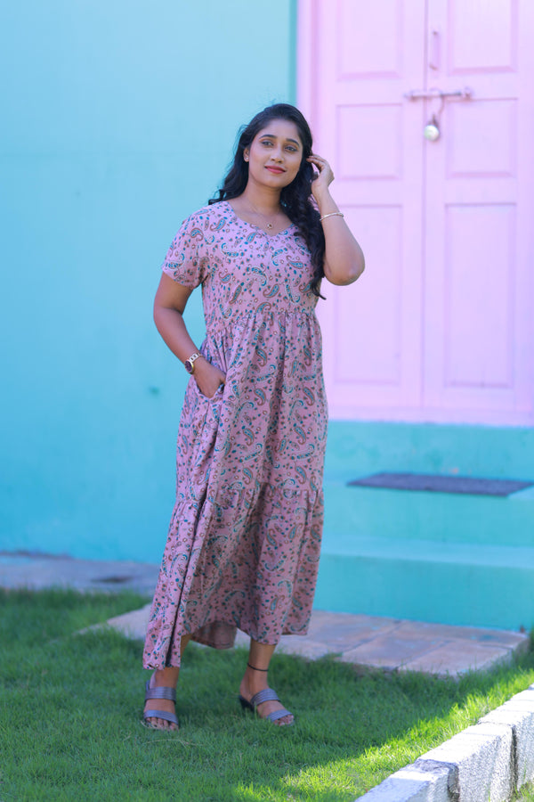 Pink With Brown & White Kalamkari Flower design Alphine Without zip frock