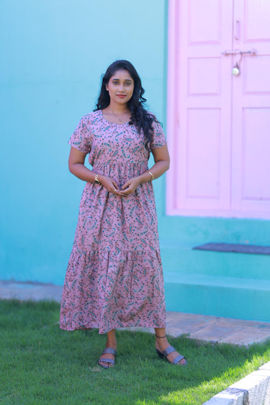 Pink With Brown & White Kalamkari Flower design Alphine Without zip frock