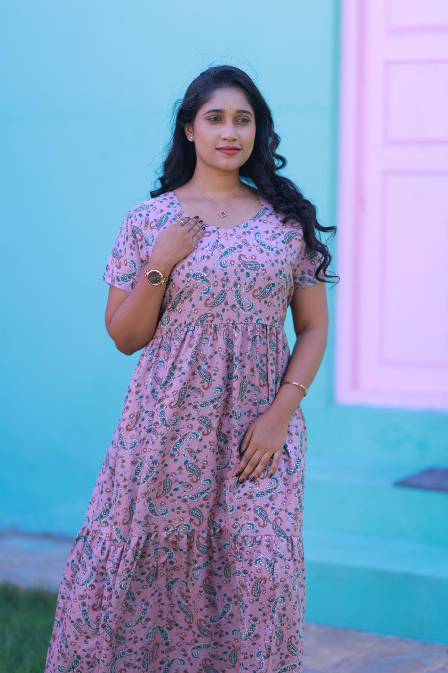 Pink With Brown & White Kalamkari Flower design Alphine Without zip frock