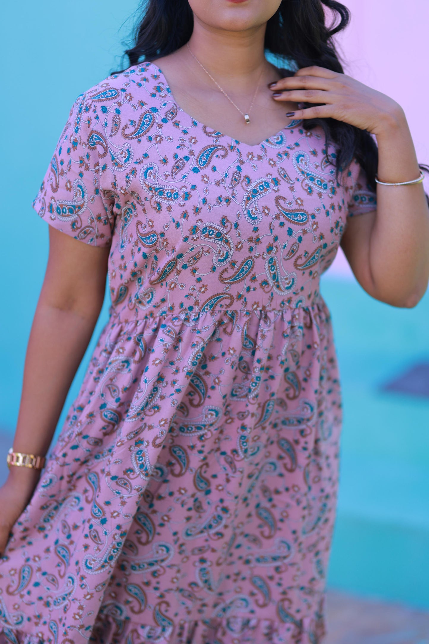 Pink With Brown & White Kalamkari Flower design Alphine Without zip frock