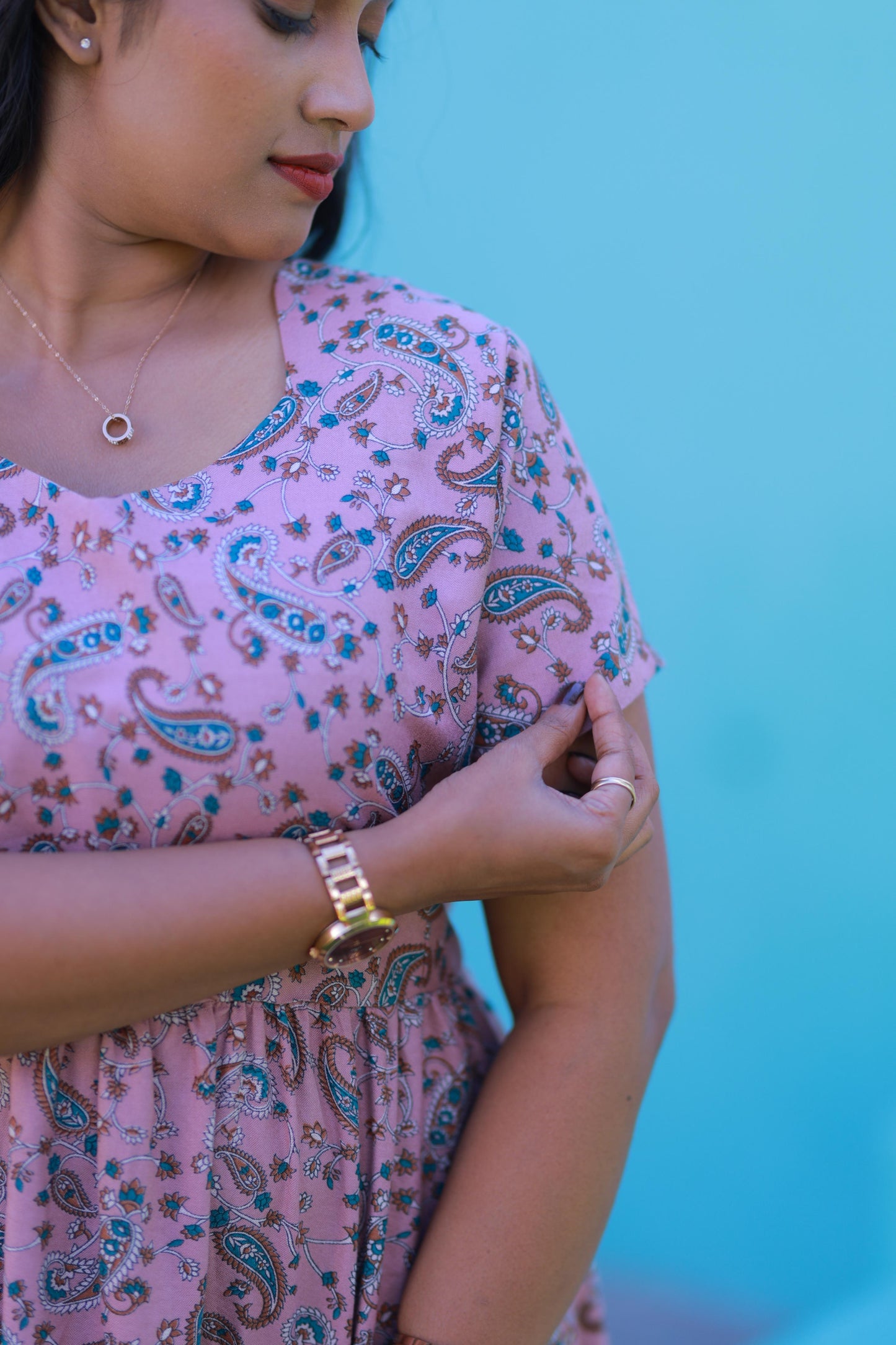 Pink With Brown & White Kalamkari Flower design Alphine Without zip frock