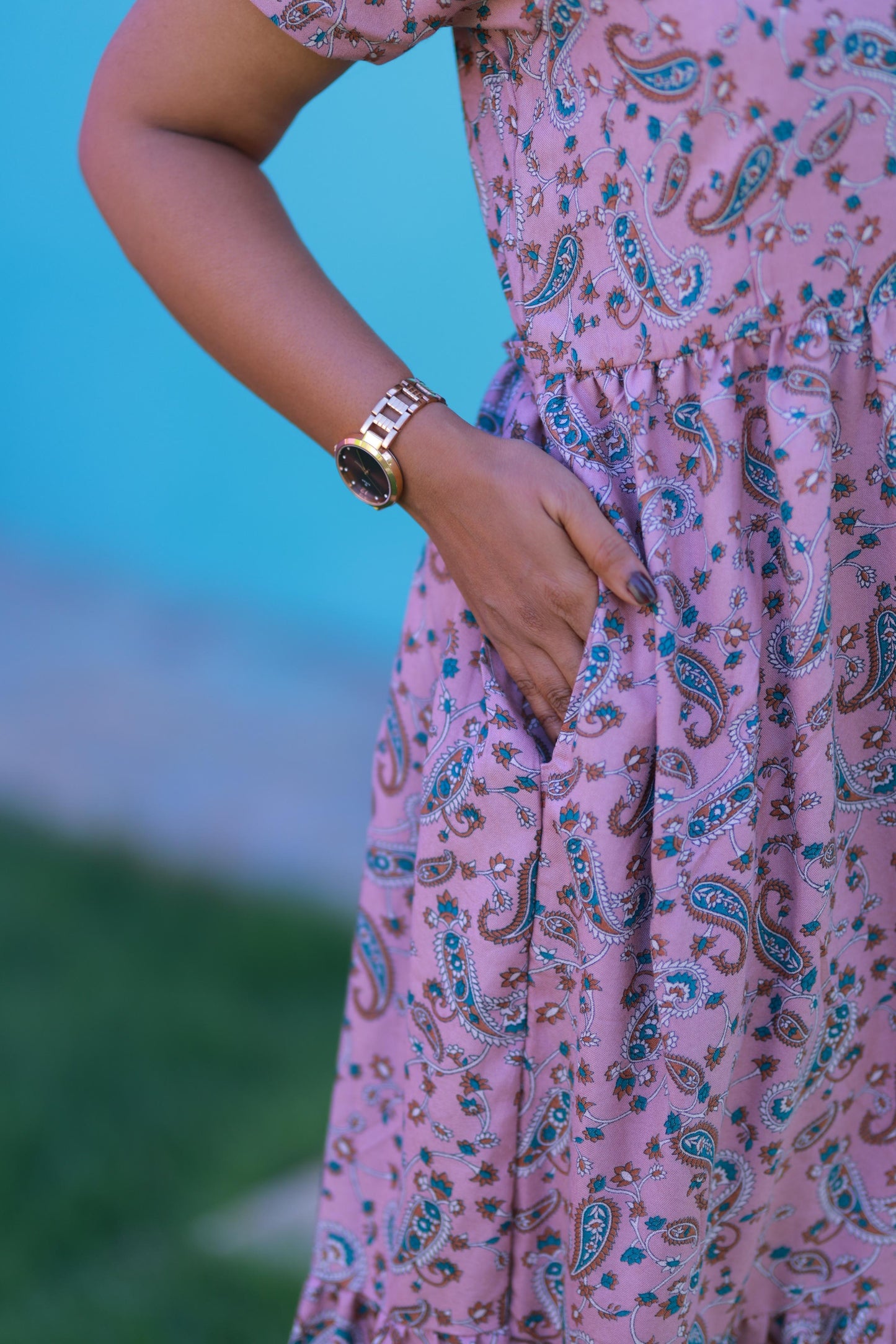 Pink With Brown & White Kalamkari Flower design Alphine Without zip frock