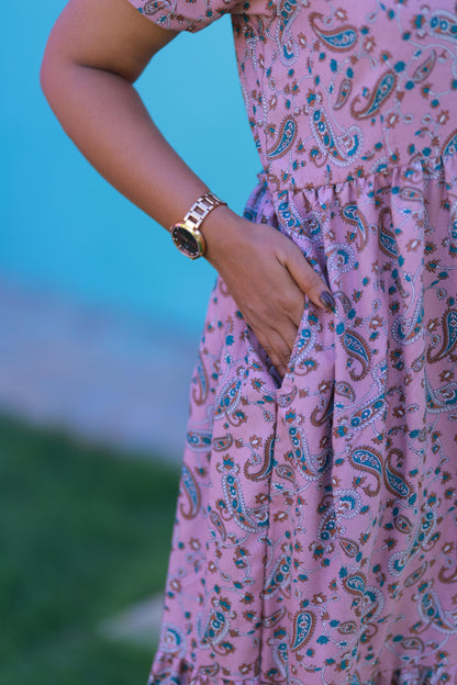 Pink With Brown & White Kalamkari Flower design Alphine Without zip frock