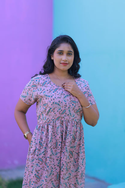 Pink With Brown & White Kalamkari Flower design Alphine Without zip frock