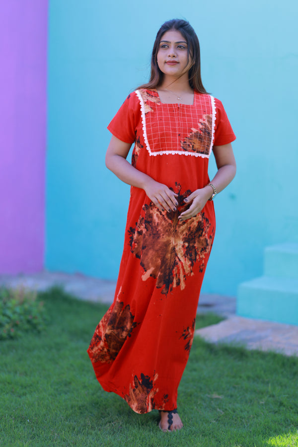 Red With Brown Tie and Dye Lace Design Zip Nighty