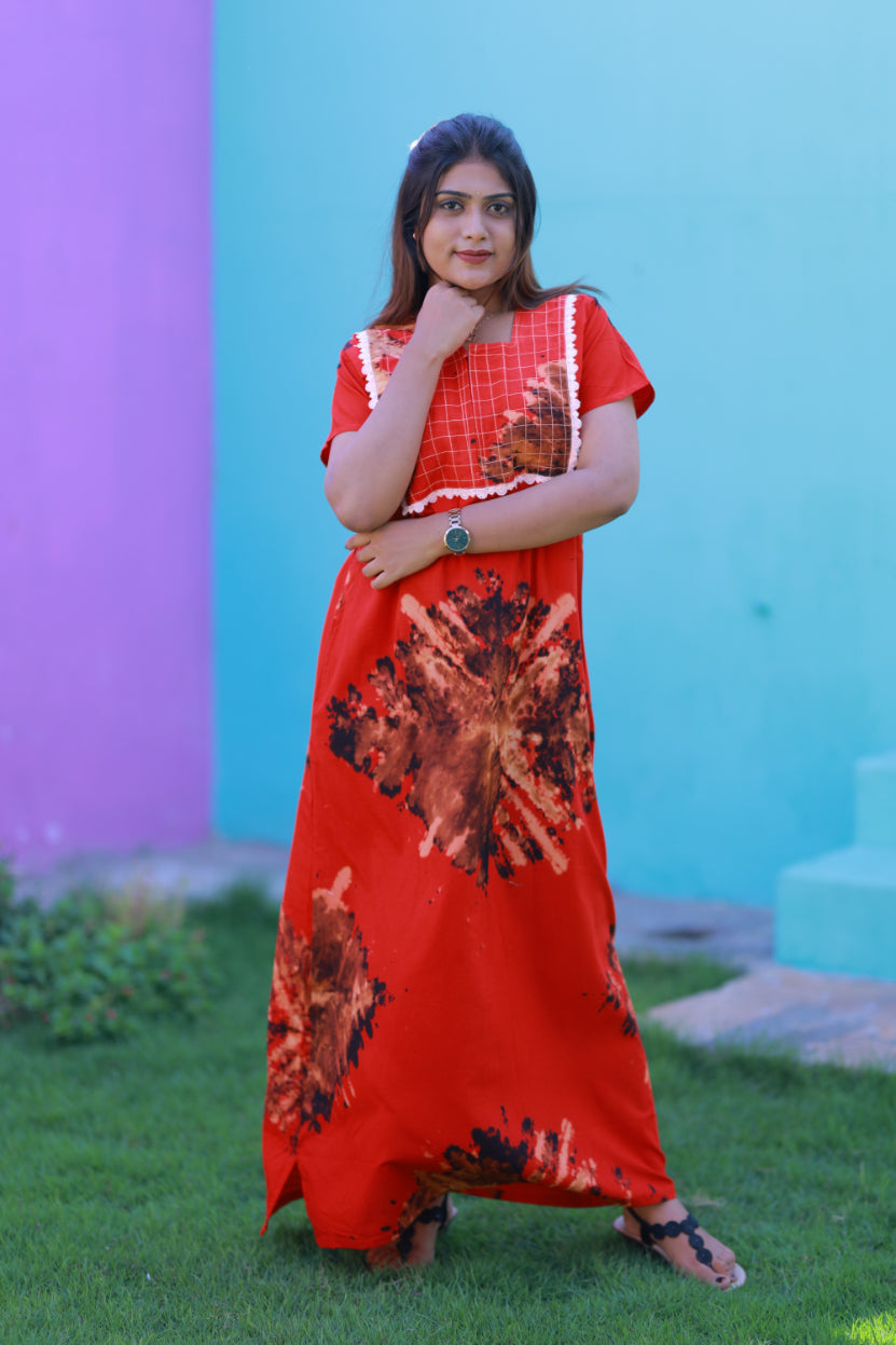 Red With Brown Tie and Dye Lace Design Zip Nighty