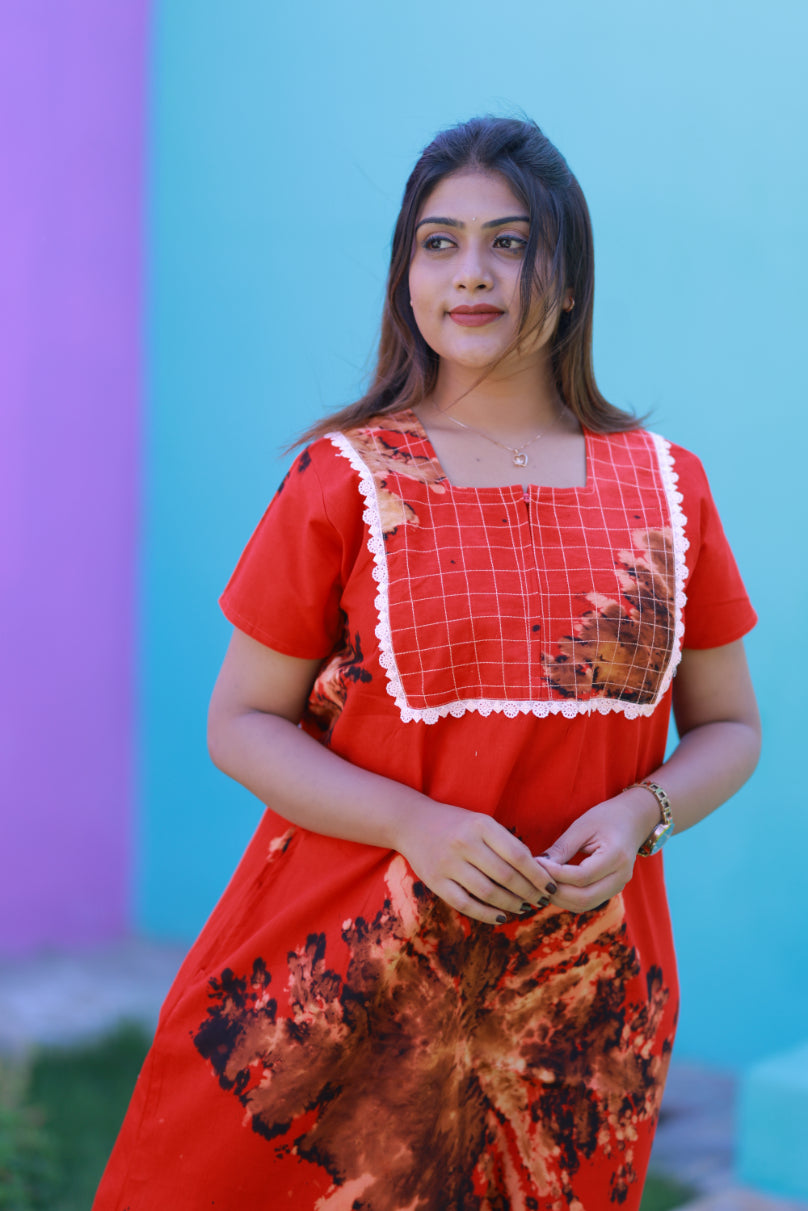 Red With Brown Tie and Dye Lace Design Zip Nighty