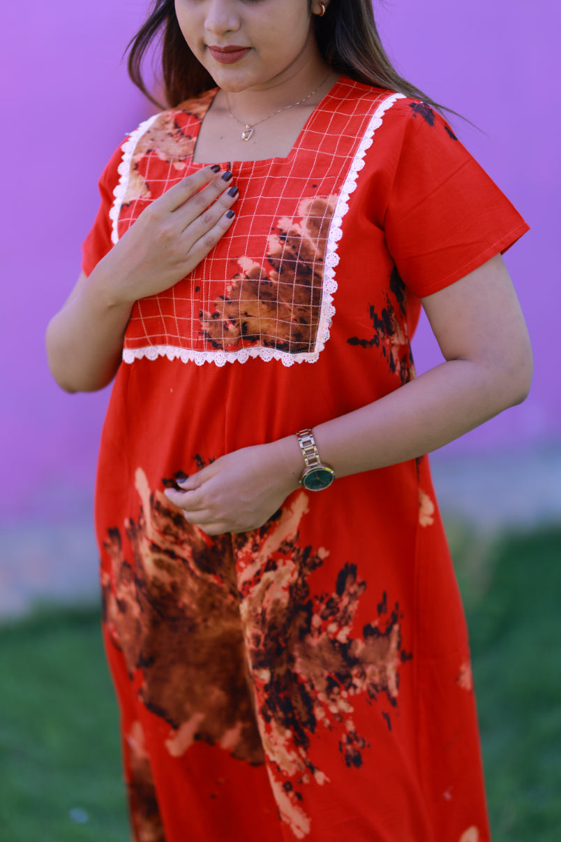 Red With Brown Tie and Dye Lace Design Zip Nighty