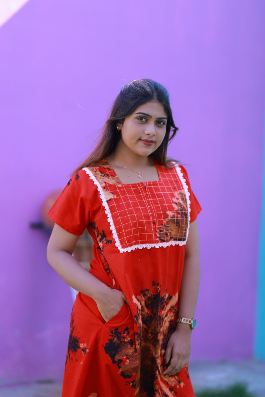 Red With Brown Tie and Dye Lace Design Zip Nighty