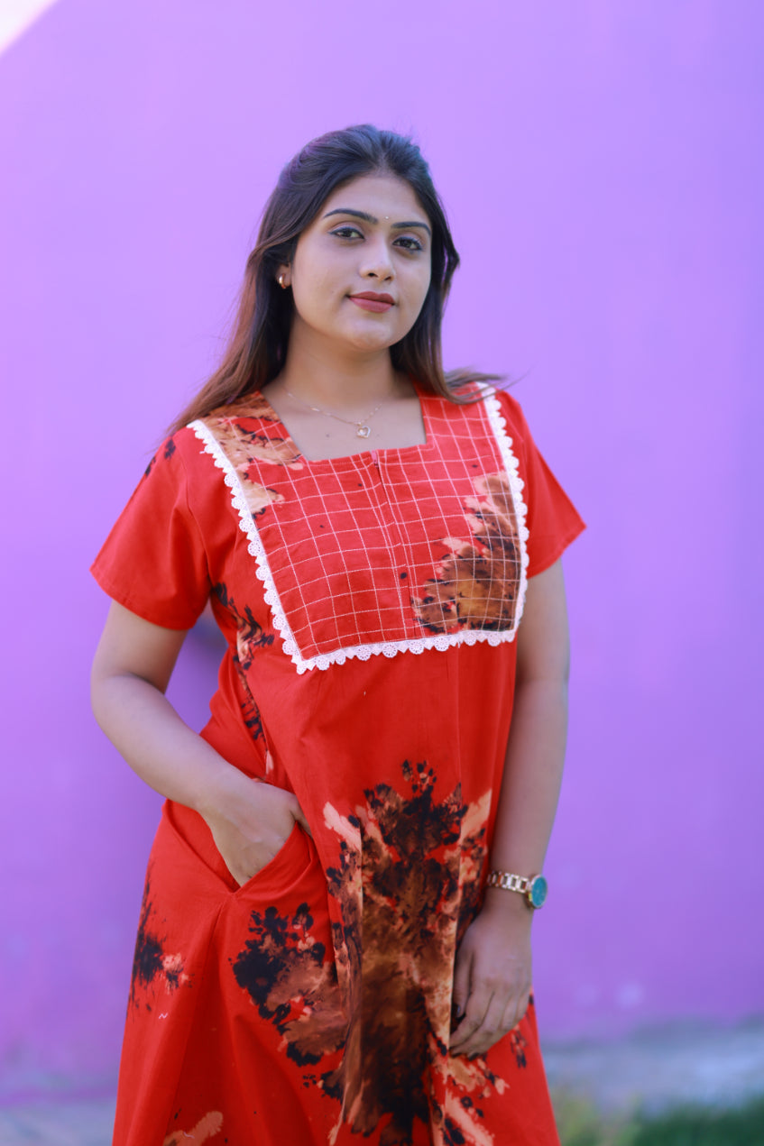 Red With Brown Tie and Dye Lace Design Zip Nighty