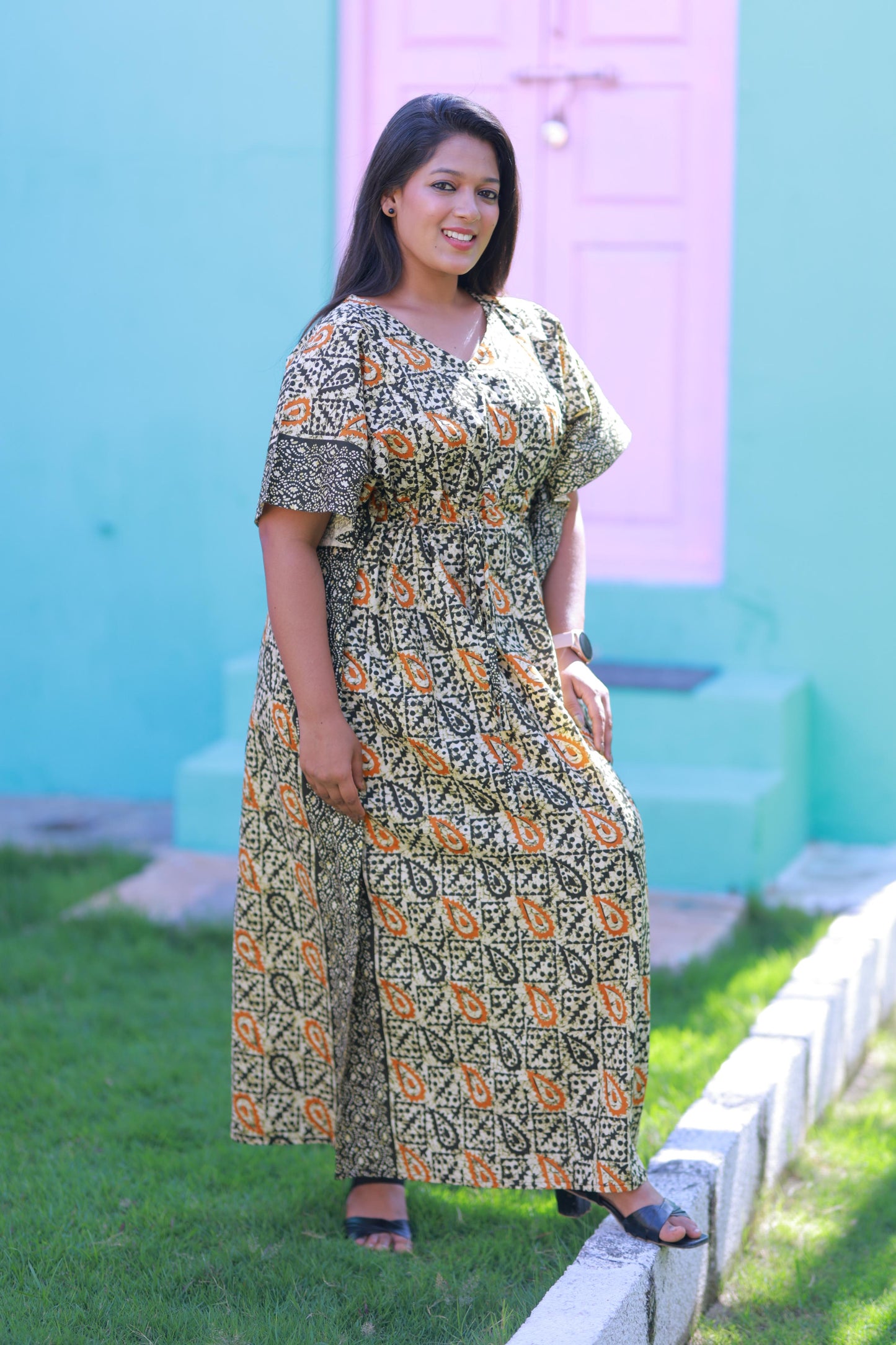 Sandal With Dark green Kalamkari Pure cotton kaftan with feeding side zip