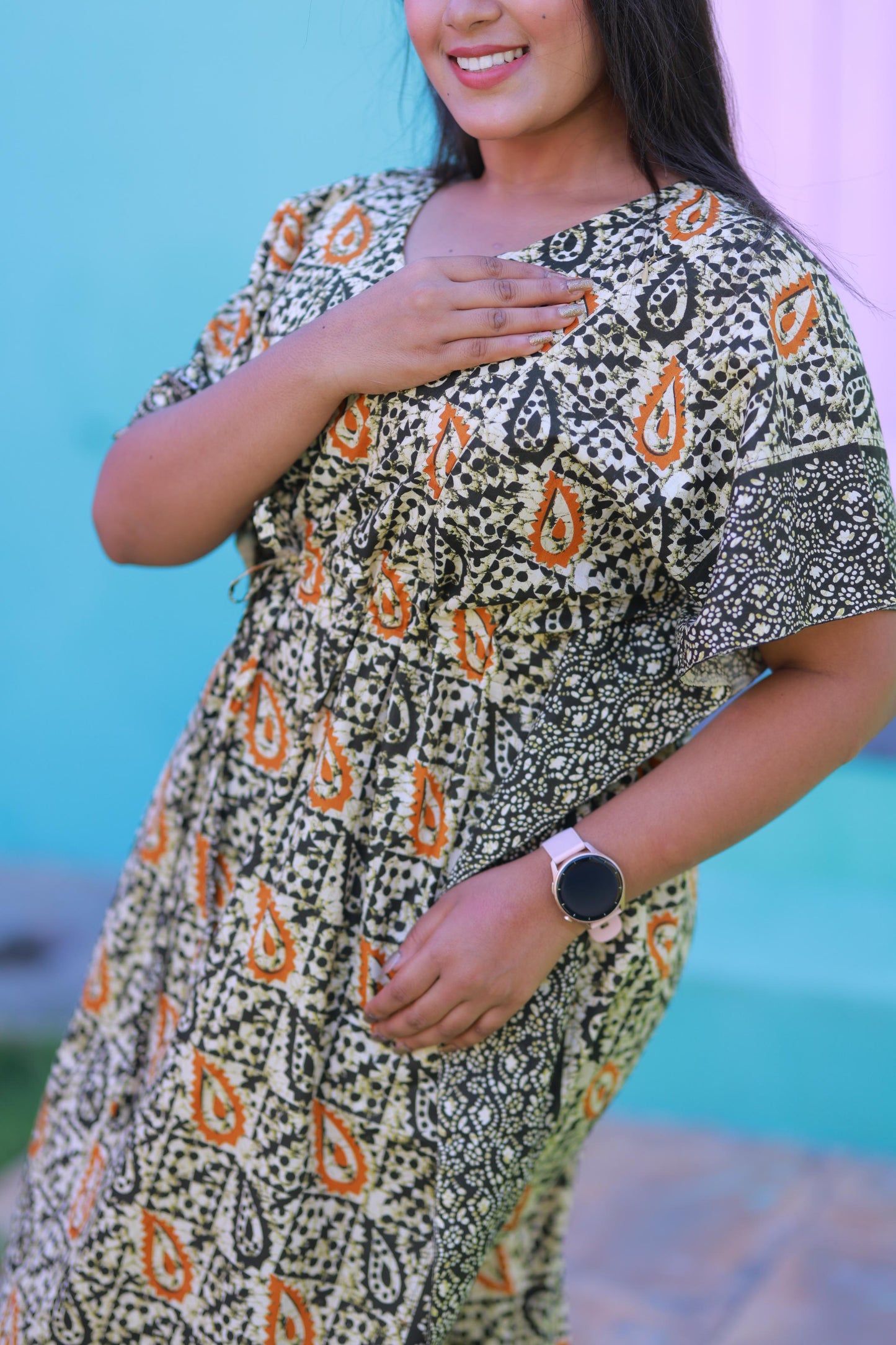 Sandal With Dark green Kalamkari Pure cotton kaftan with feeding side zip