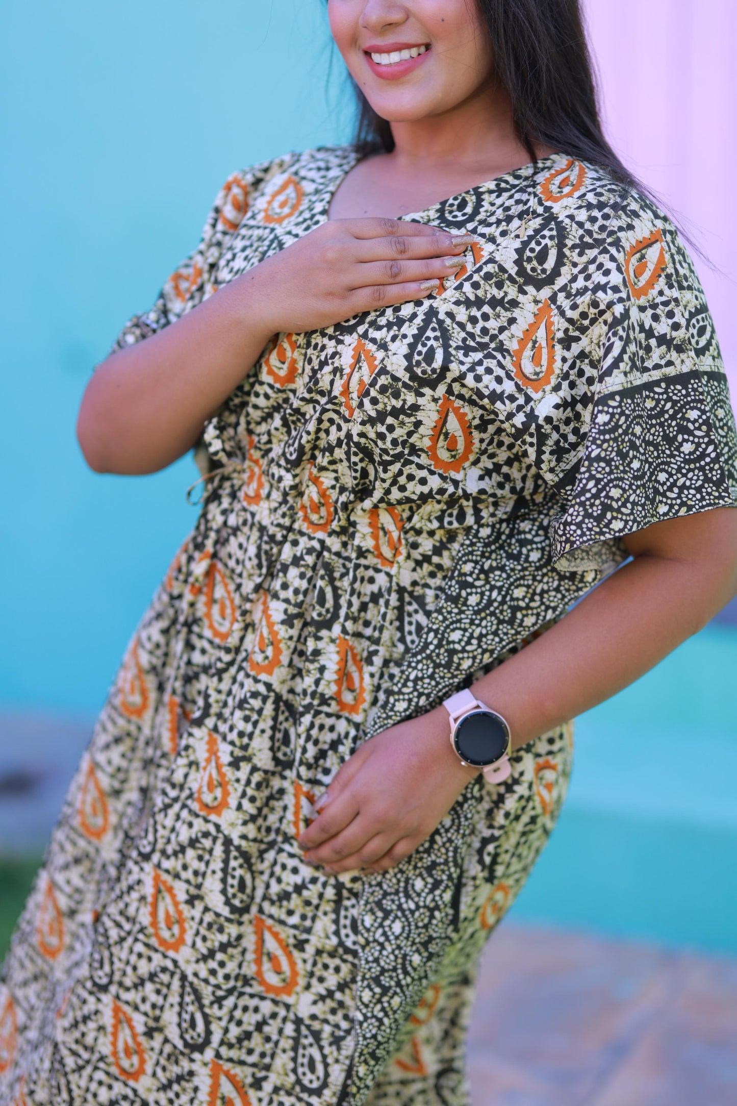Sandal With Dark green Kalamkari Pure cotton kaftan with feeding side zip