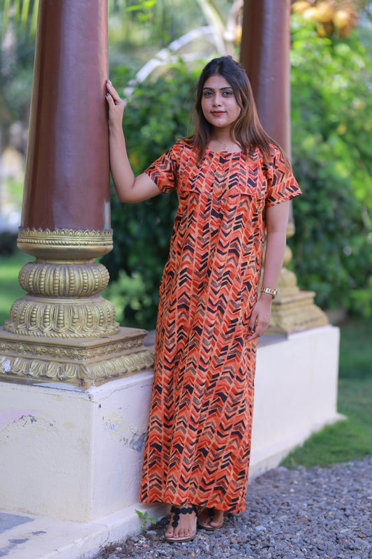Orange with Black Pattern Design Piping Zip Nighty