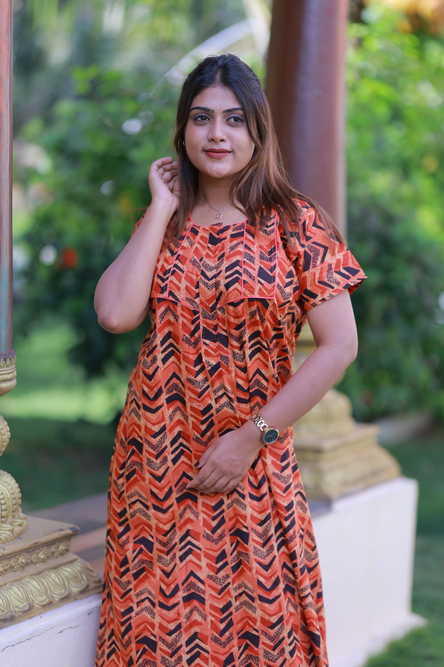Orange with Black Pattern Design Piping Zip Nighty