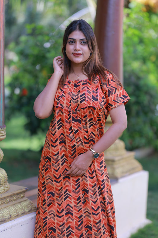 Orange with Black Pattern Design Piping Zip Nighty