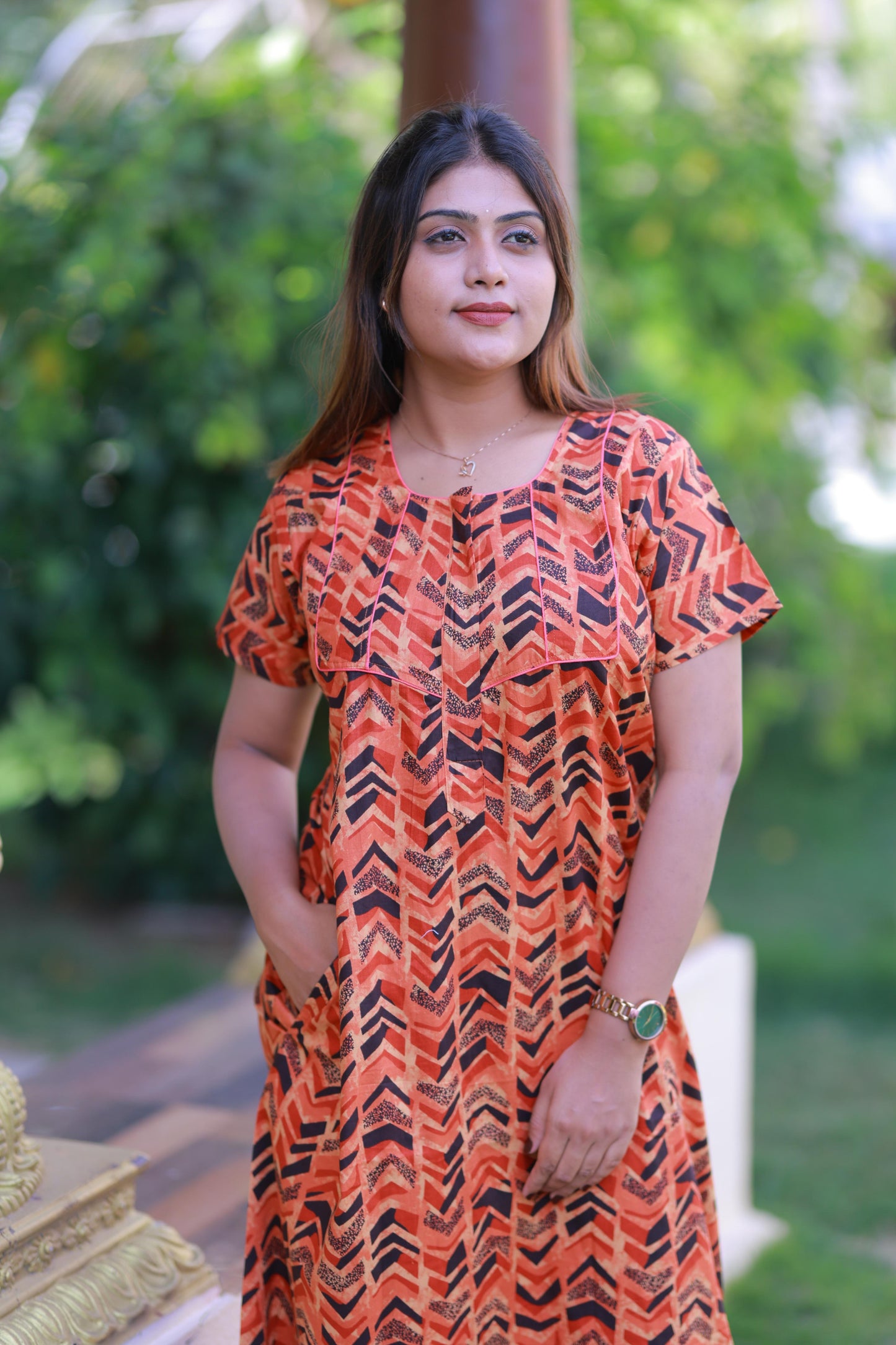 Orange with Black Pattern Design Piping Zip Nighty