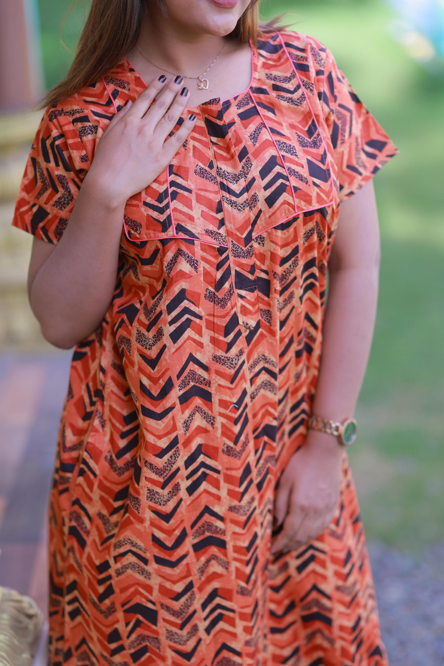 Orange with Black Pattern Design Piping Zip Nighty