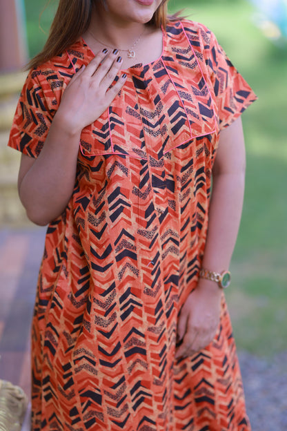 Orange with Black Pattern Design Piping Zip Nighty