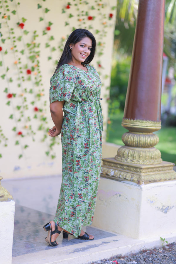 Green With Dark green and Leaf Design kaftan with feeding Side zip