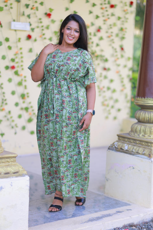Green With Dark green and Leaf Design kaftan with feeding Side zip