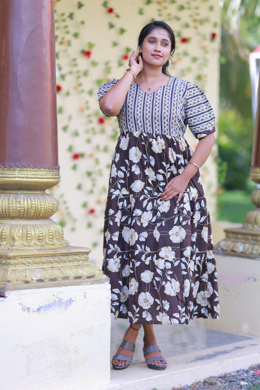 Brown With Sandal zigzag and Flower Design Pure cotton 3 Layer frock with Side zip