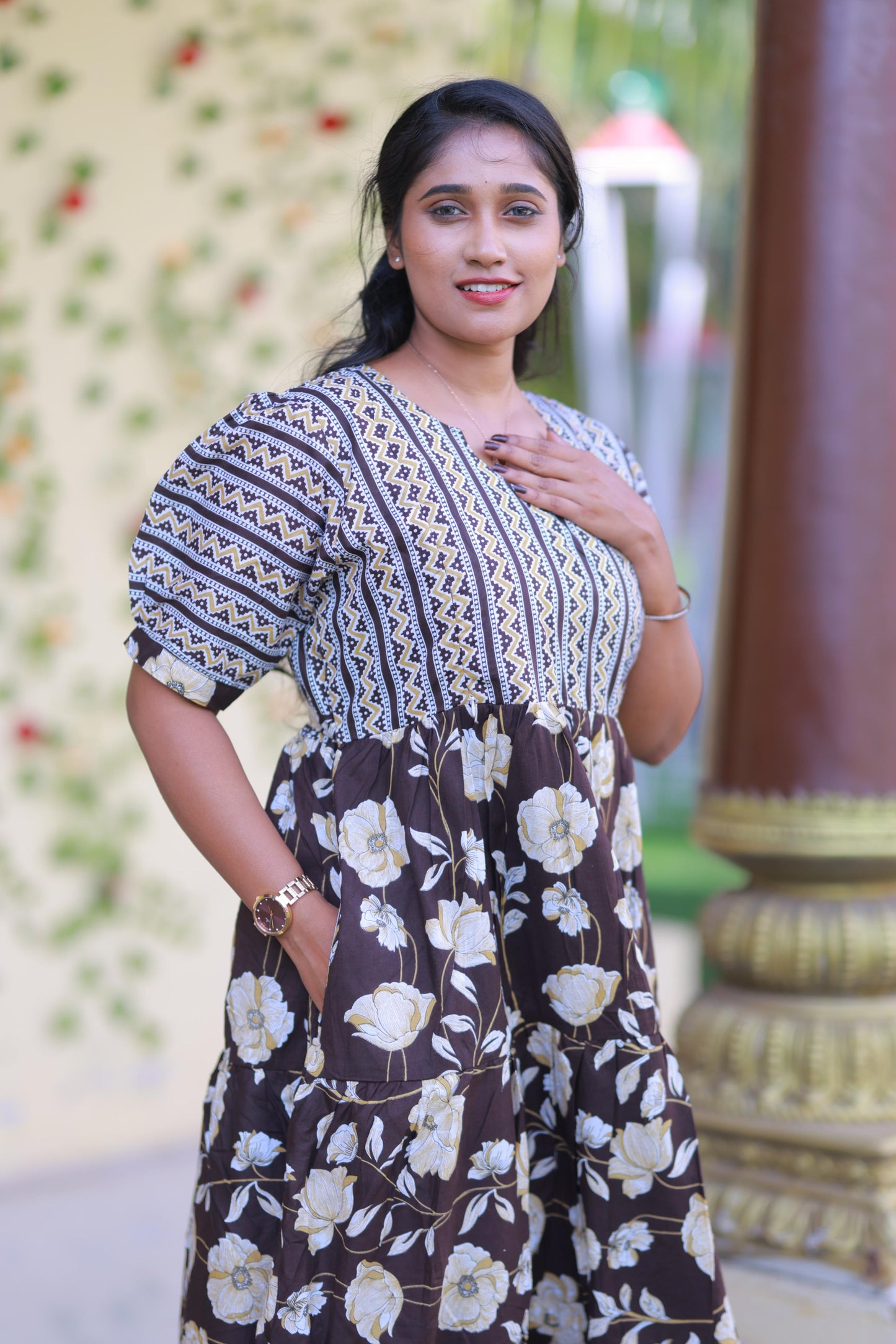 Brown With Sandal zigzag and Flower Design Pure cotton 3 Layer frock with Side zip