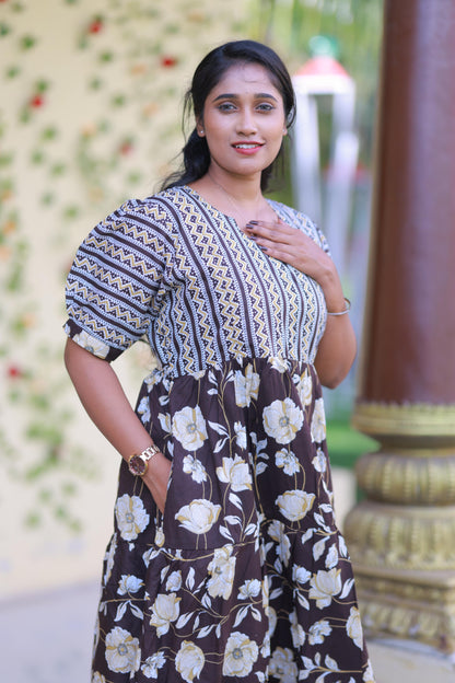 Brown With Sandal zigzag and Flower Design Pure cotton 3 Layer frock with Side zip