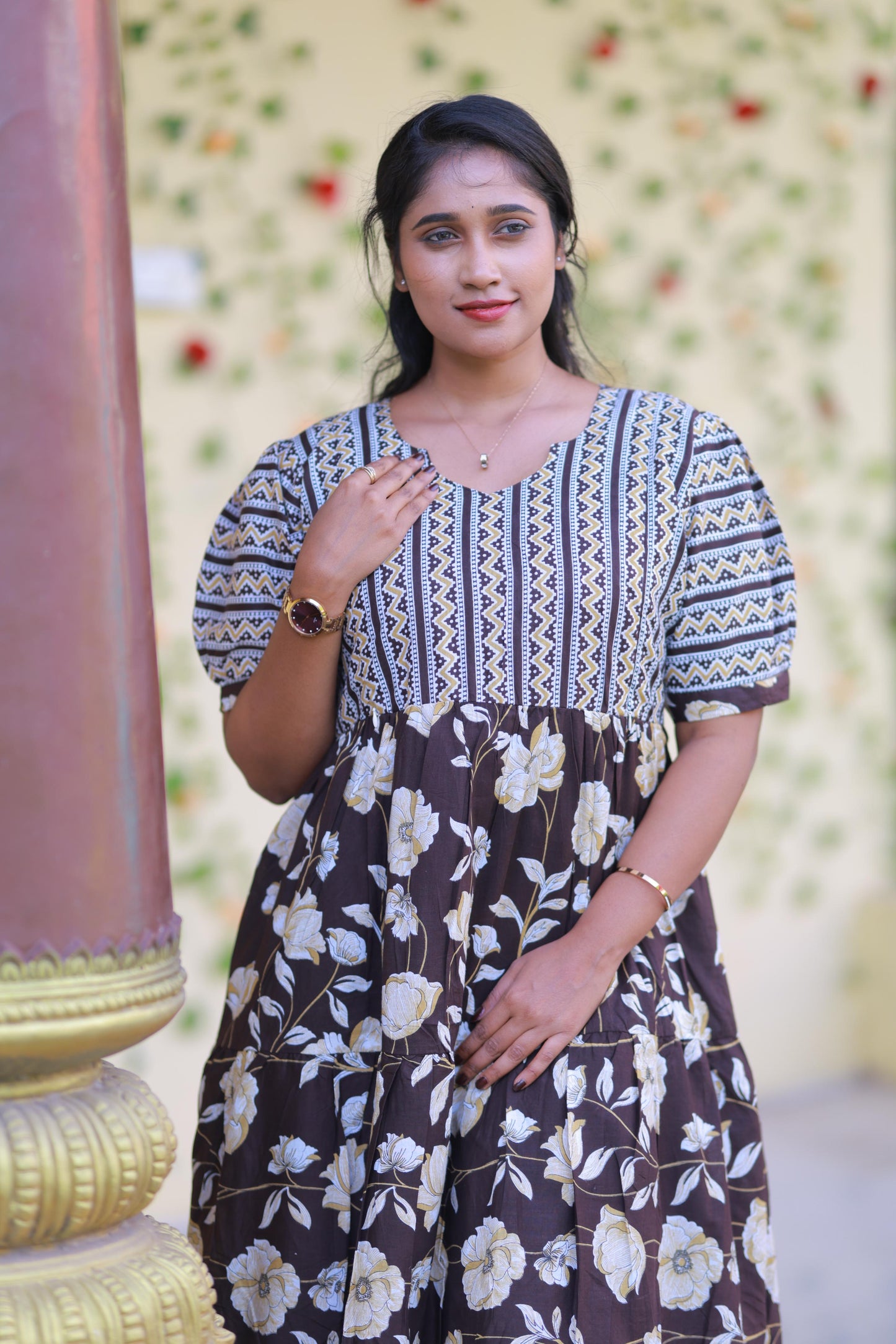 Brown With Sandal zigzag and Flower Design Pure cotton 3 Layer frock with Side zip