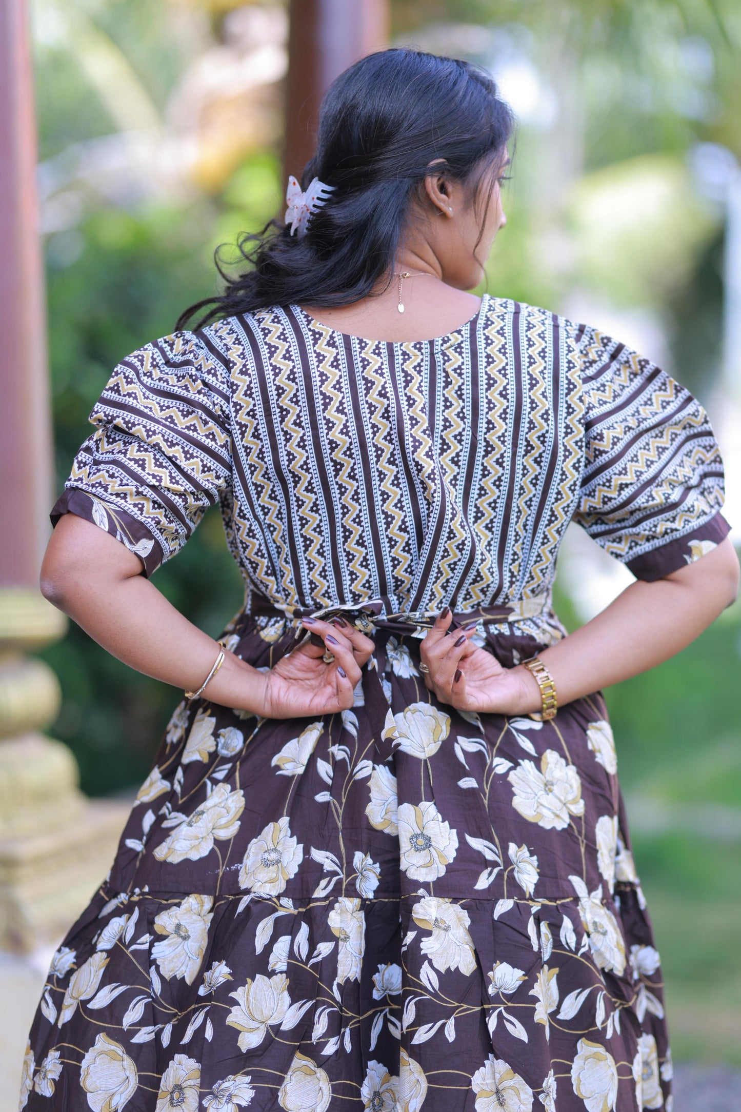 Brown With Sandal zigzag and Flower Design Pure cotton 3 Layer frock with Side zip