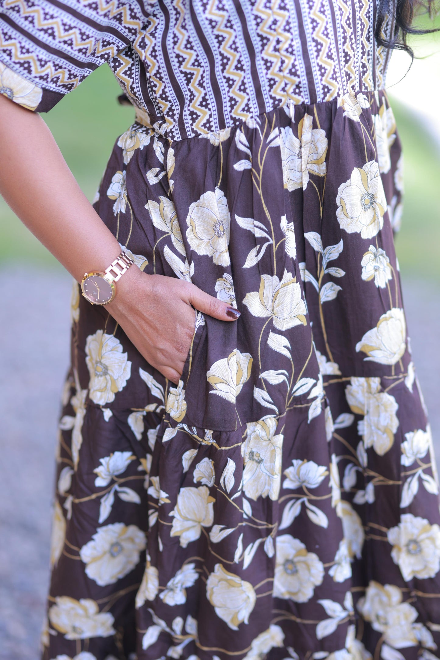 Brown With Sandal zigzag and Flower Design Pure cotton 3 Layer frock with Side zip