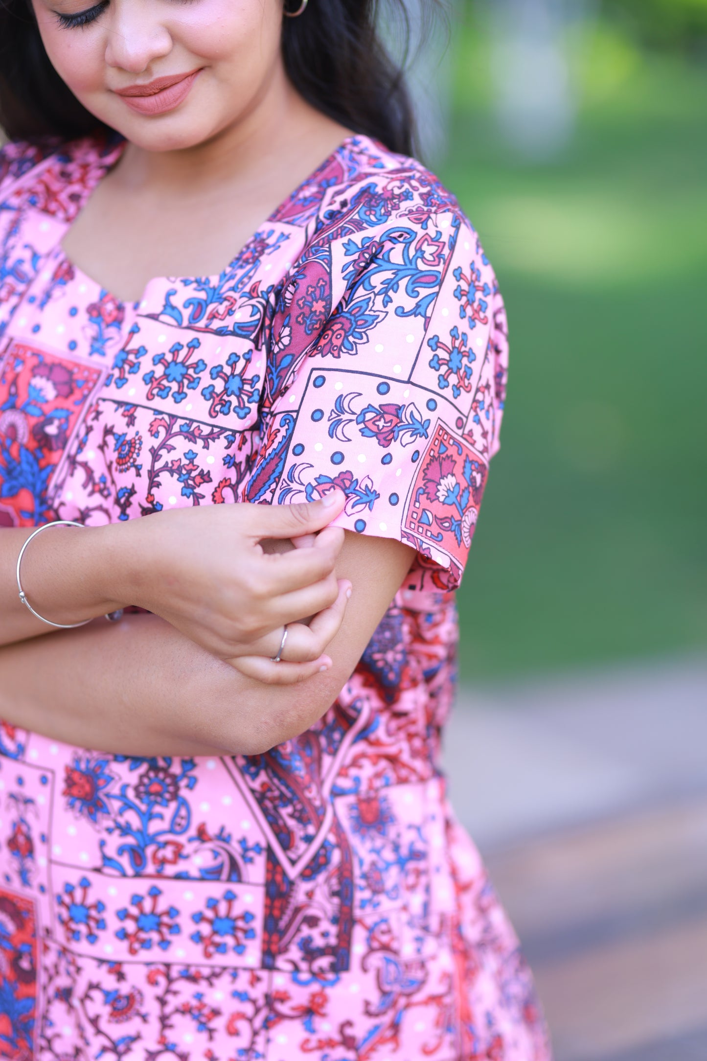Light Pink With Red and Blue  Floral Pattern Design Midi gown Nighty