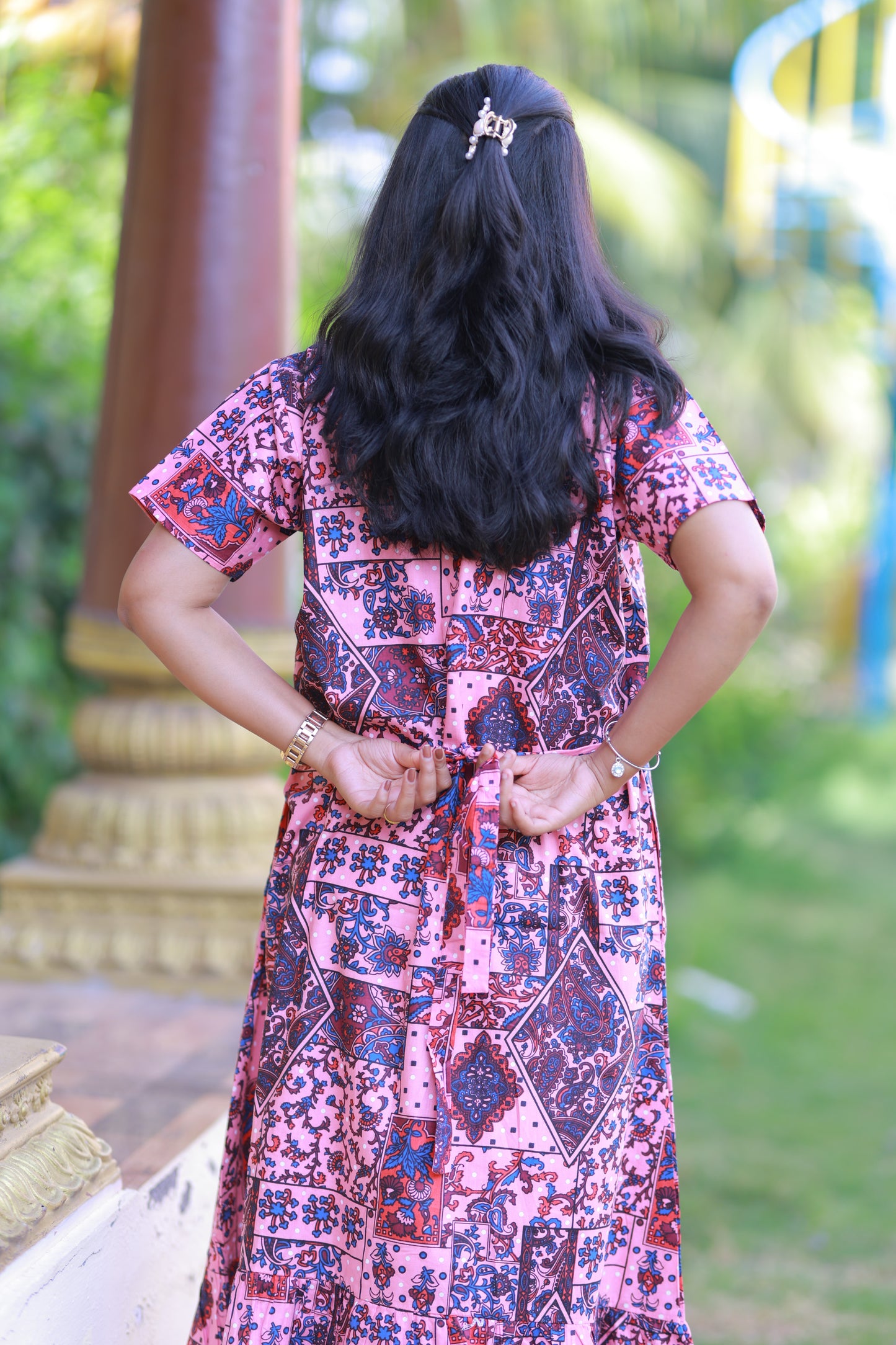 Light Pink With Red and Blue  Floral Pattern Design Midi gown Nighty