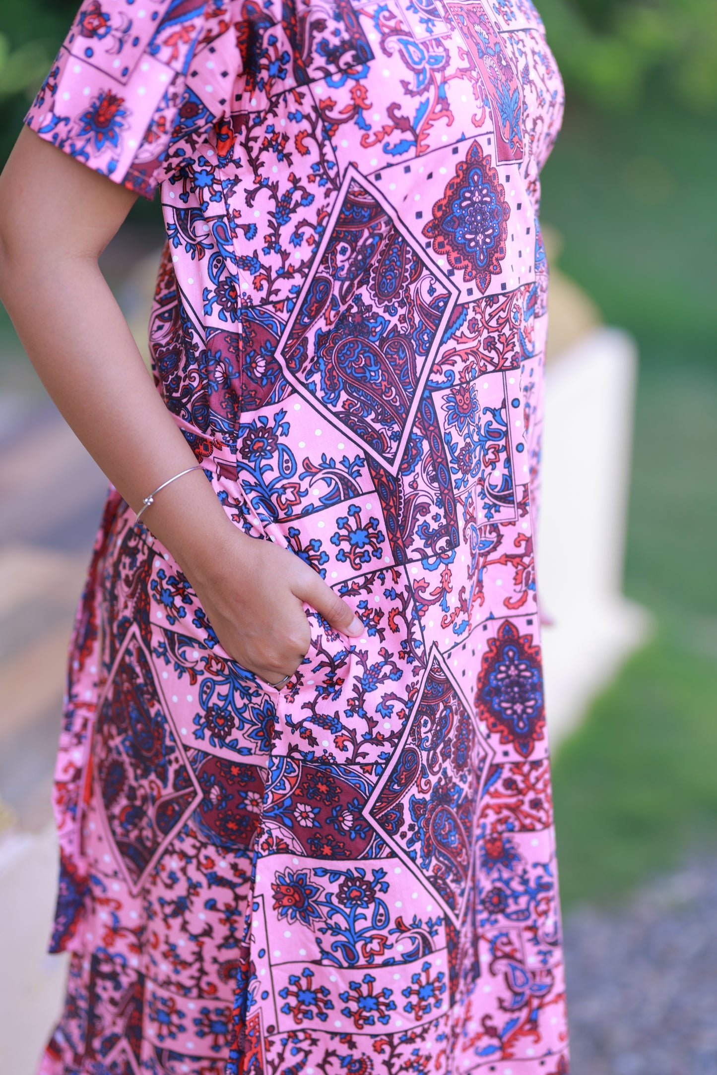 Light Pink With Red and Blue  Floral Pattern Design Midi gown Nighty