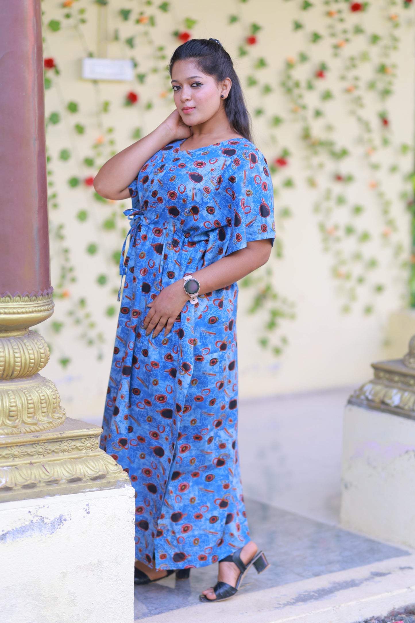 Blue With Black & White circle Design kaftan center zip