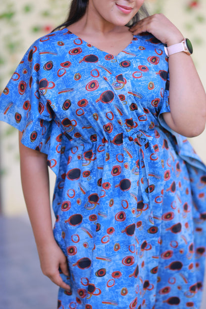Blue With Black & White circle Design kaftan center zip