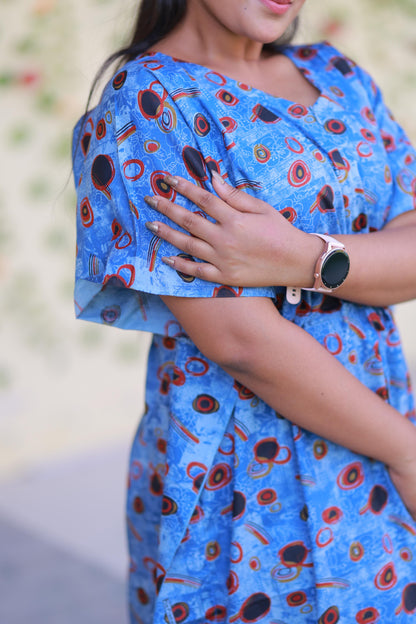 Blue With Black & White circle Design kaftan center zip