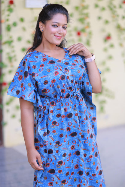 Blue With Black & White circle Design kaftan center zip
