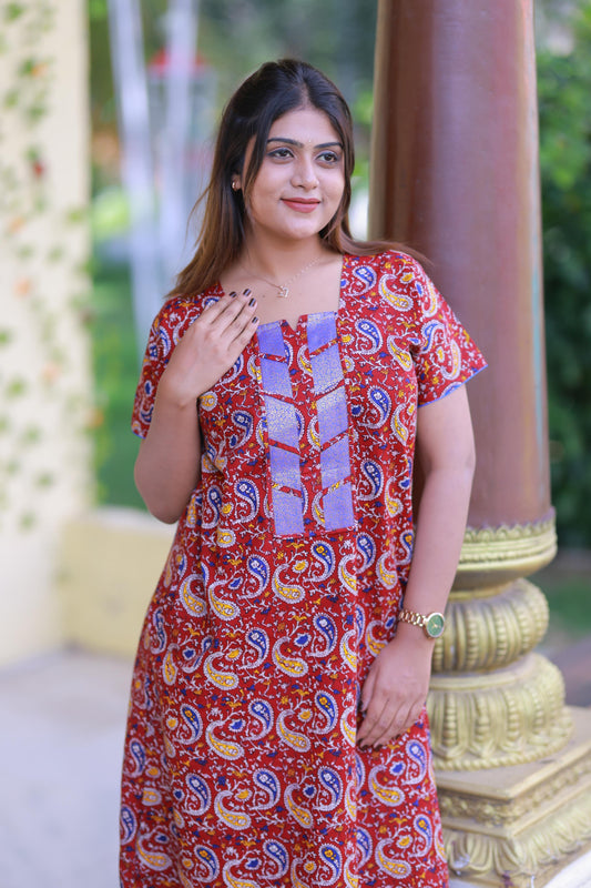 Maroon With Royal Blue Kalamkari Design W/O Zip Nighty