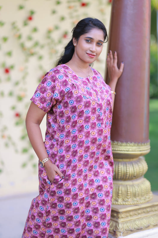 Purple With Dark purple circle Design Piping Zip Nighty