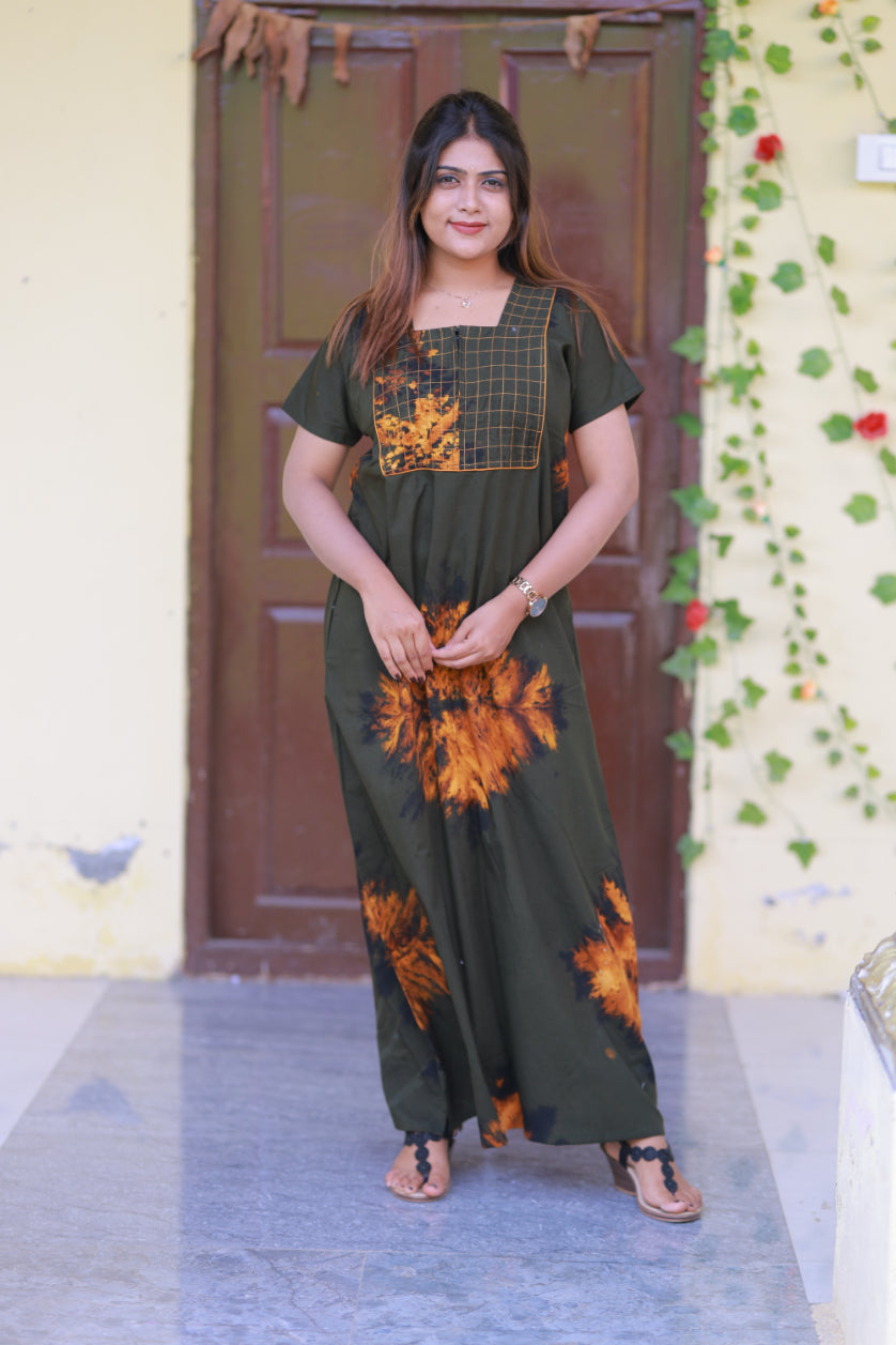 Dark Green With Black Tie and Dye Pyping Zip Nighty