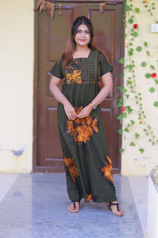 Dark Green With Black Tie and Dye Pyping Zip Nighty