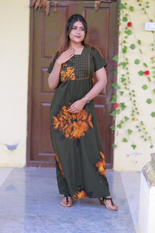 Dark Green With Black Tie and Dye Pyping Zip Nighty